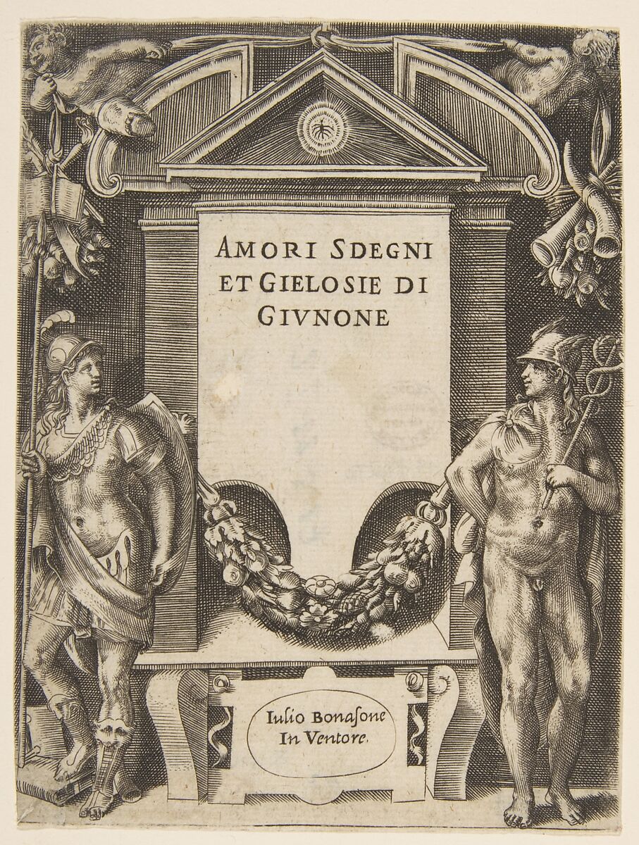 Title plate to "Loves, Rages and Jealousies of Juno", Giulio Bonasone (Italian, active Rome and Bologna, 1531–after 1576), Engraving 