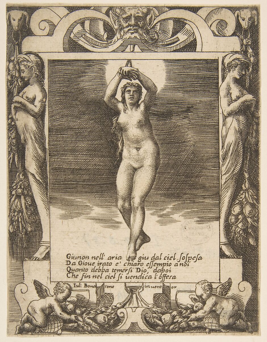 Juno suspended in the air, set within a frame, from "Loves, Rages and Jealousies of Juno", Giulio Bonasone (Italian, active Rome and Bologna, 1531–after 1576), Engraving 