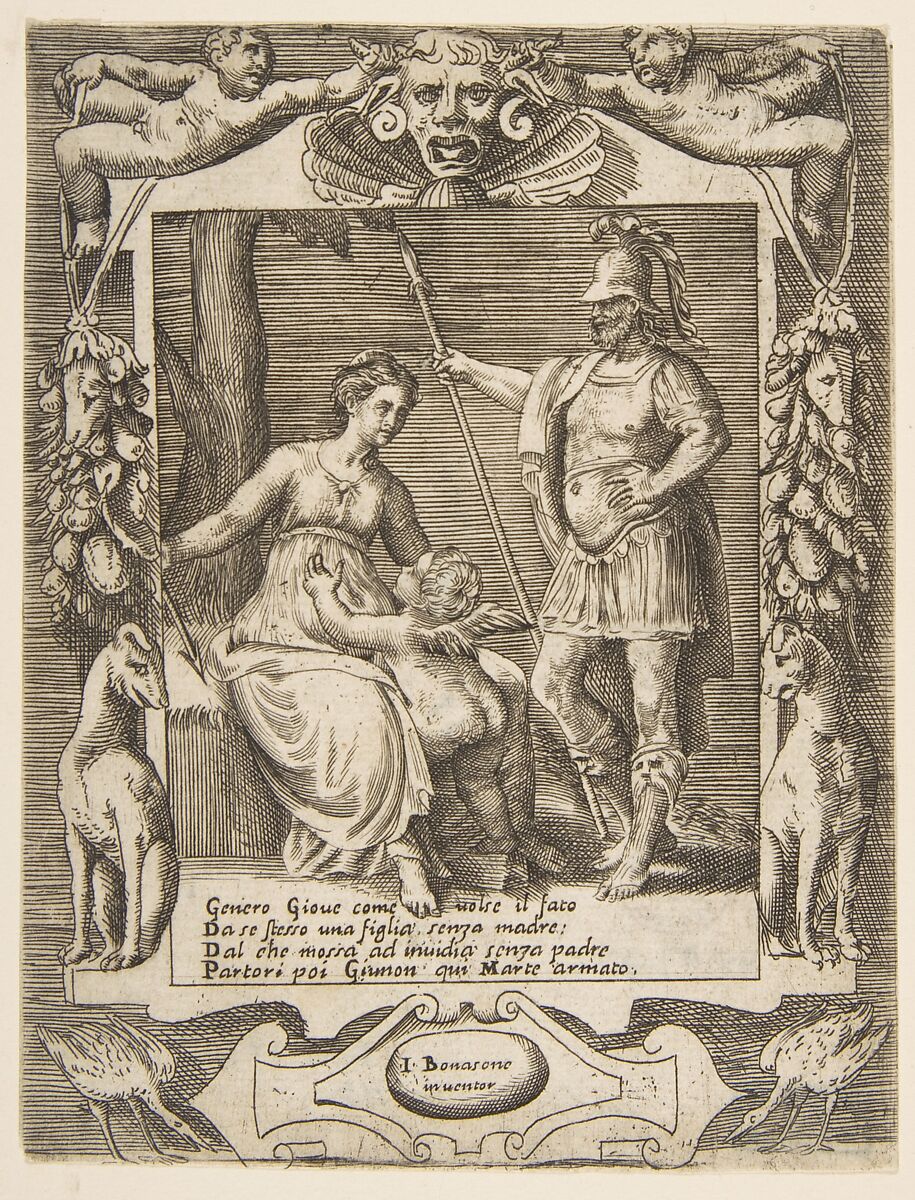 Juno, Mars and Cupid, set within an elaborate frame, from "Loves, Rages and Jealousies of Juno", Giulio Bonasone (Italian, active Rome and Bologna, 1531–after 1576), Engraving 