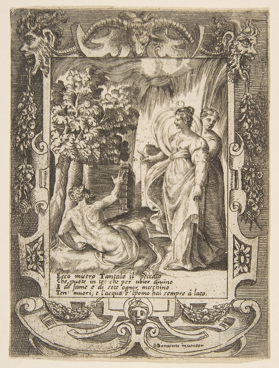 Tantalus at left speaking to Diana at right, set within an elaborate frame, from "Loves, Rages and Jealousies of Juno", Giulio Bonasone (Italian, active Rome and Bologna, 1531–after 1576), Engraving 