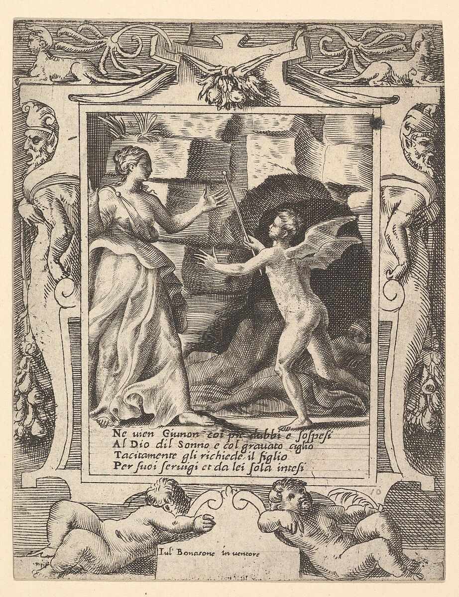 Juno summoning sleep to descend upon Jupiter, set within an elaborate frame, from "Loves, Rages and Jealousies of Juno", Giulio Bonasone (Italian, active Rome and Bologna, 1531–after 1576), Engraving