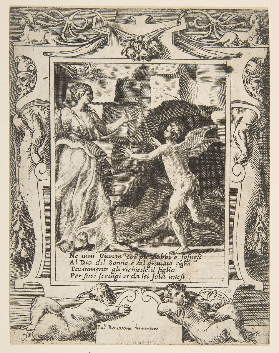Juno summoning sleep to descend upon Jupiter, set within an elaborate frame, from "Loves, Rages and Jealousies of Juno", Giulio Bonasone (Italian, active Rome and Bologna, 1531–after 1576), Engraving 