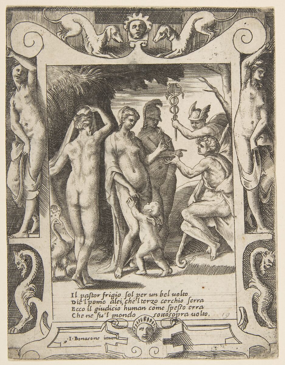 The judgment of Paris, set within an elaborate frame, from "Loves, Rages and Jealousies of Juno", Giulio Bonasone (Italian, active Rome and Bologna, 1531–after 1576), Engraving 