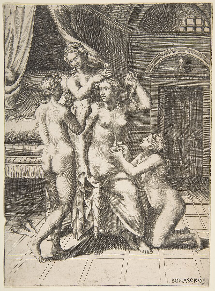 The toilet of Psyche who is seated in the centre being attended to, Giulio Bonasone (Italian, active Rome and Bologna, 1531–after 1576), Engraving 