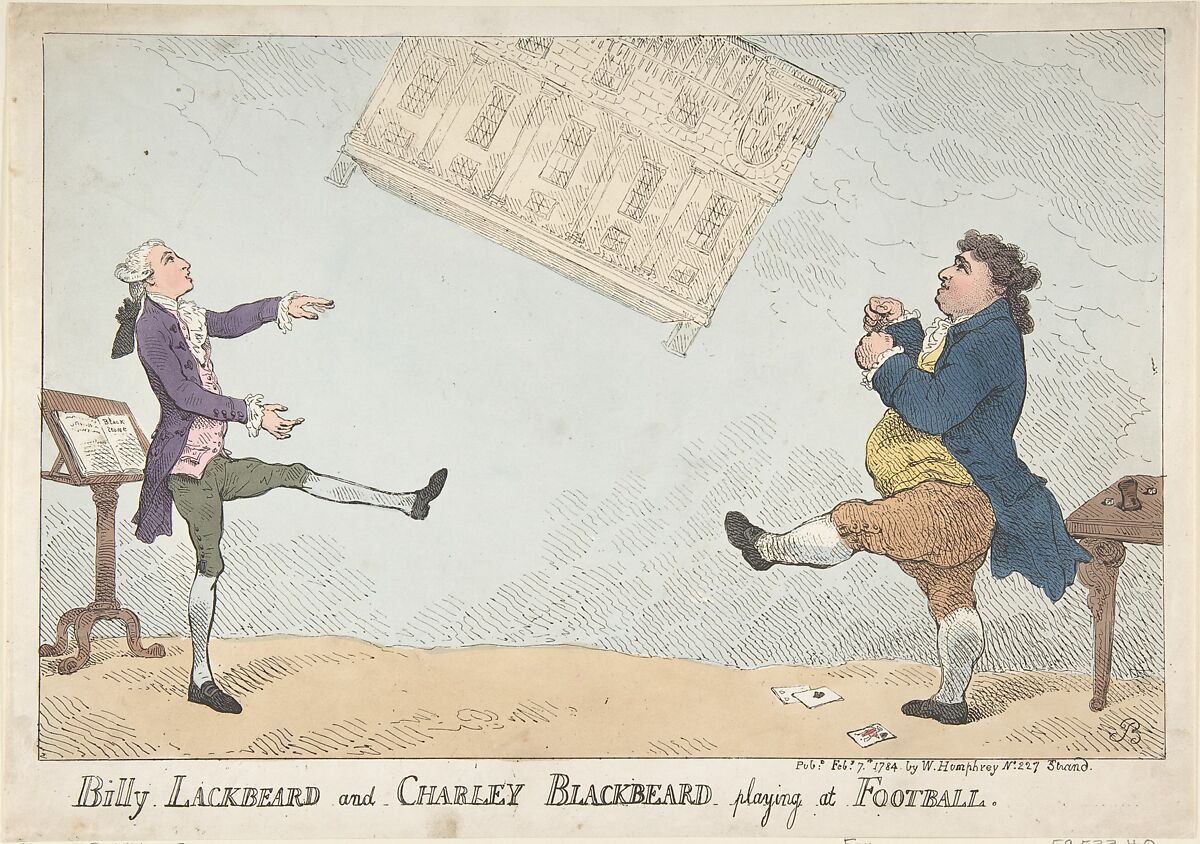 Billy Lackbeard and Charley Blackbeard playing at Football, Thomas Rowlandson (British, London 1757–1827 London), Hand-colored etching 