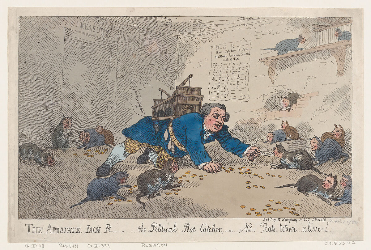 The Apostate Jack Robinson, The Political Rat Catcher–N.B. Rats Taken Alive!, Thomas Rowlandson (British, London 1757–1827 London), Hand-colored etching 