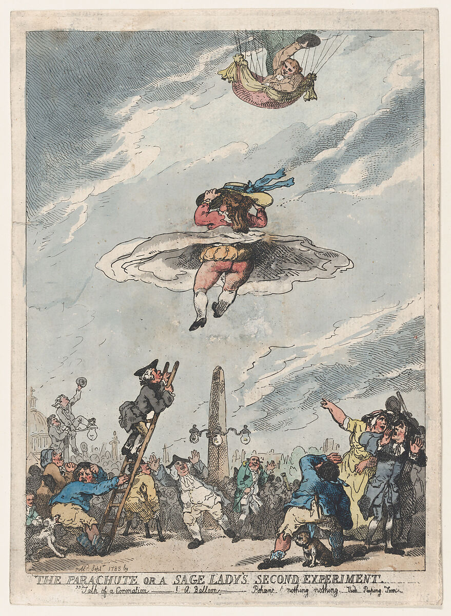The Parachute or a Sage Lady's Second Experiment, Thomas Rowlandson (British, London 1757–1827 London), Hand-colored etching 
