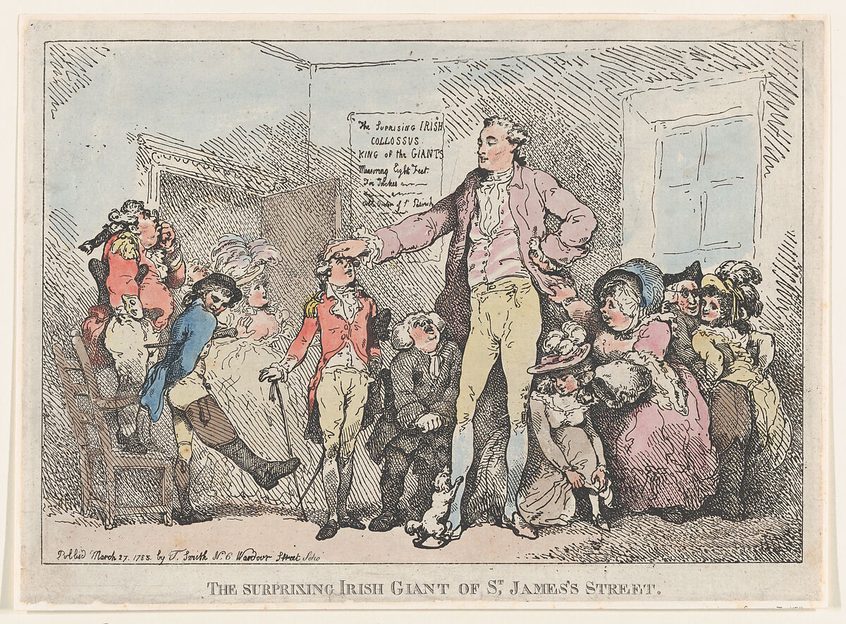 The Surprising Irish Giant of St. James's Street, Thomas Rowlandson (British, London 1757–1827 London), Hand-colored etching 