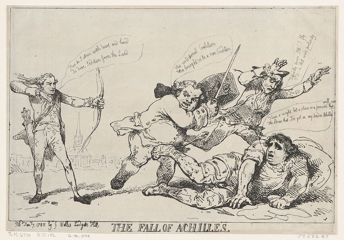 The Fall of Achilles, Thomas Rowlandson (British, London 1757–1827 London), Etching 