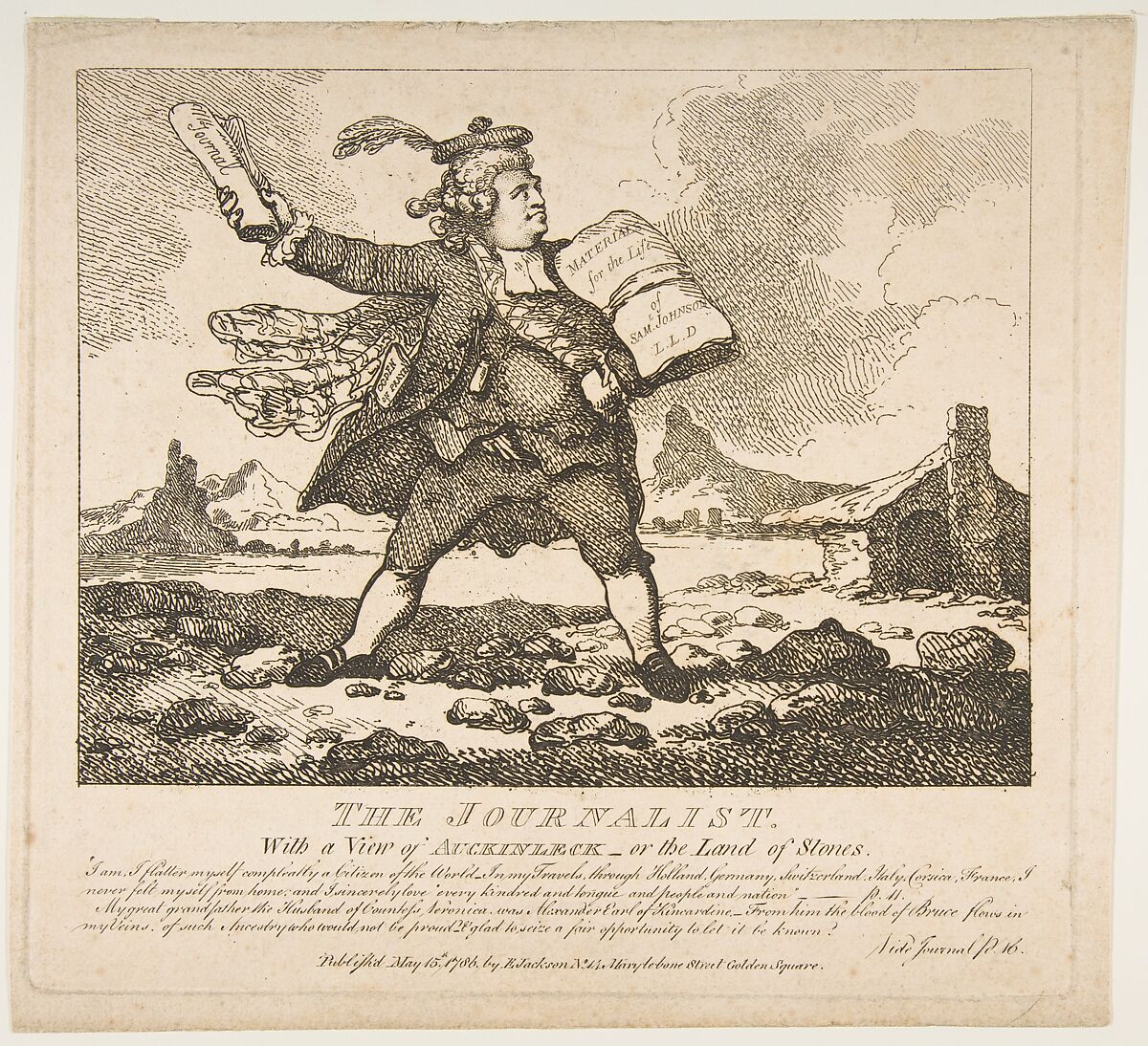 The Journalist, With a View of Auckinleck–or the Land of Stones (Picturesque Beauties of Boswell, Part the First), Thomas Rowlandson (British, London 1757–1827 London), Etching 