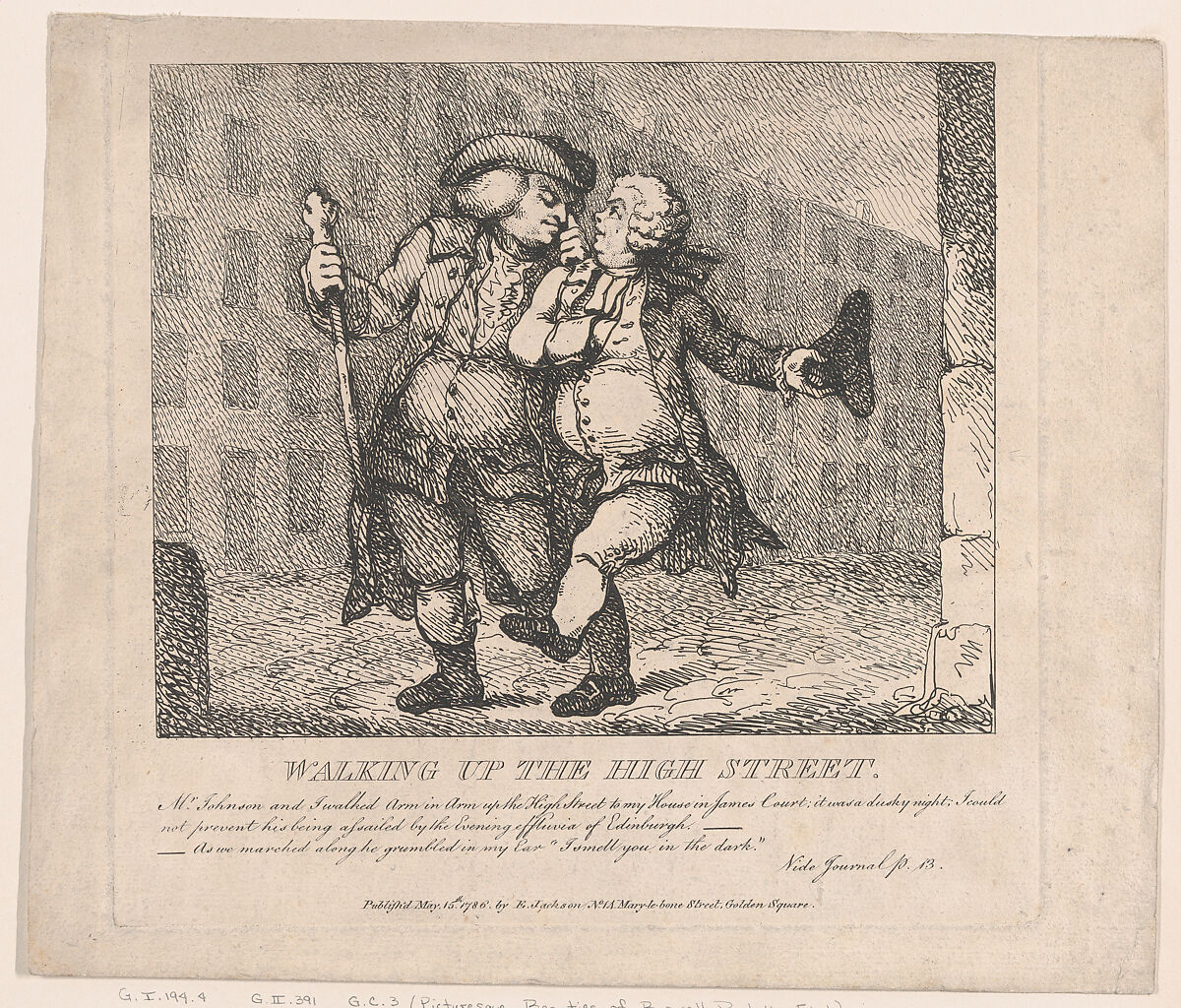 Walking Up the High Street, Edinburgh (Picturesque Beauties of Boswell, Part the First), Thomas Rowlandson (British, London 1757–1827 London), Etching 