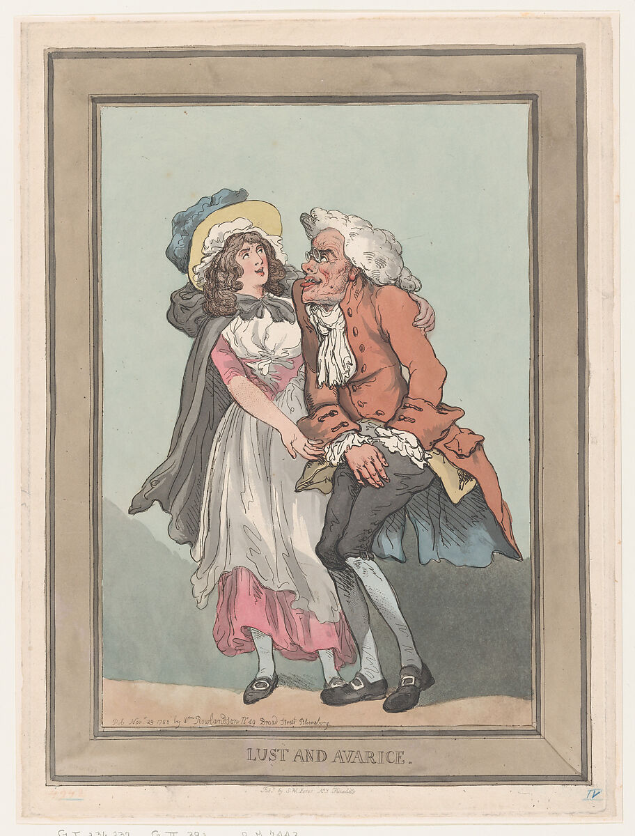 Lust and Avarice, Thomas Rowlandson (British, London 1757–1827 London), Hand-colored etching 