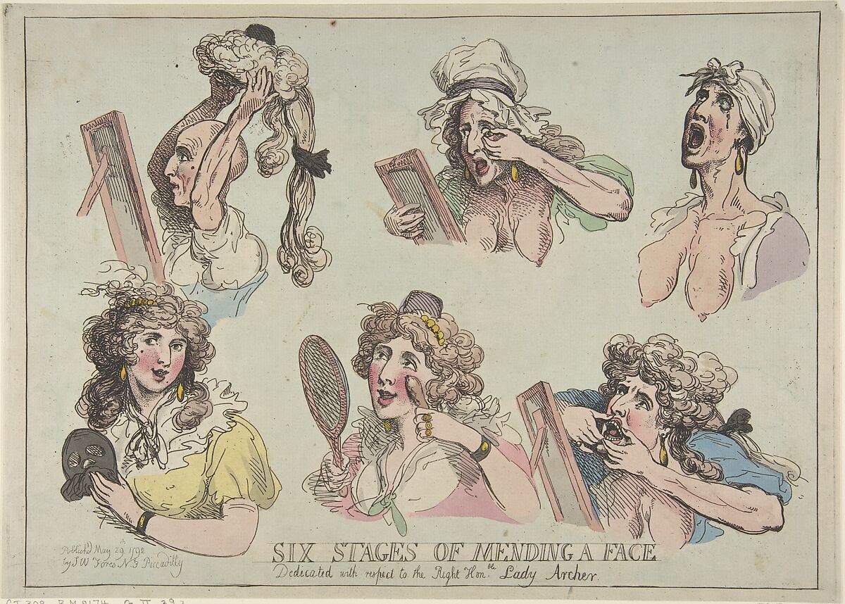Six Stages of Mending a Face, Dedicated with respect to the Right Hon-ble. Lady Archer, Thomas Rowlandson (British, London 1757–1827 London), Hand-colored etching 