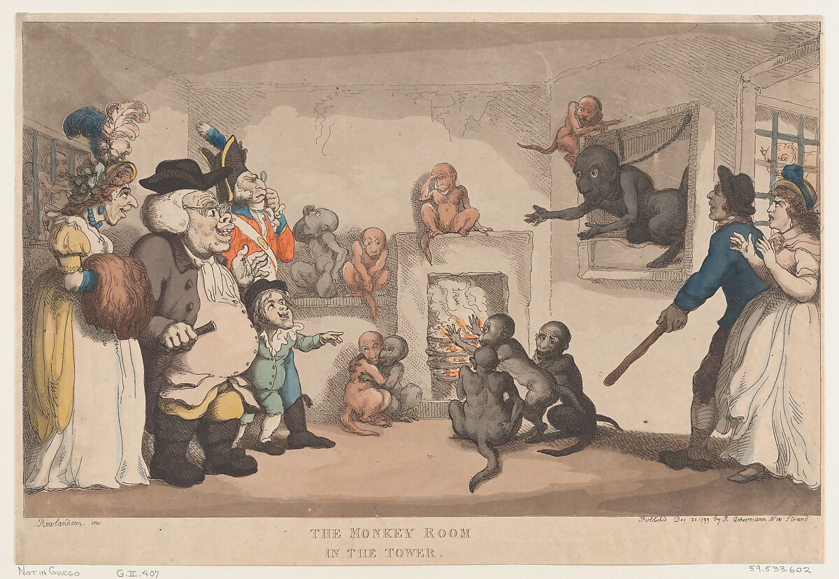 The Monkey Room in the Tower, Thomas Rowlandson (British, London 1757–1827 London), Hand-colored etching and aquatint 