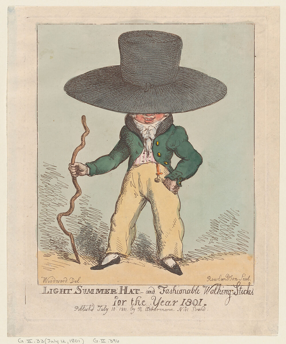 Light Summer Hat and Fashionable Walking Sticks for the Year 1801, Thomas Rowlandson (British, London 1757–1827 London), Hand-colored etching 