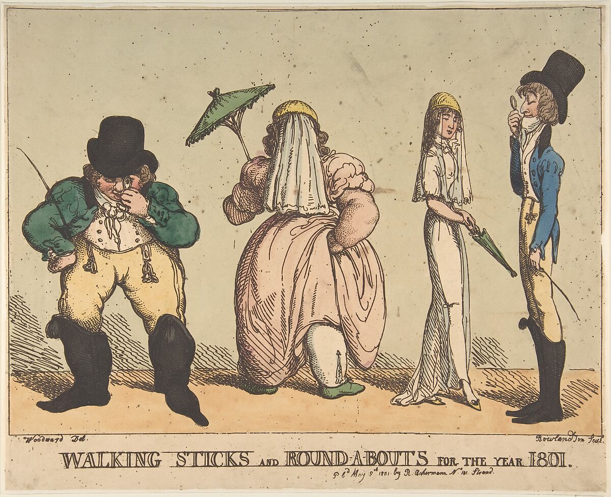 Walking Sticks and Round-A-Bouts for the Year 1801, Thomas Rowlandson (British, London 1757–1827 London), Hand-colored etching 