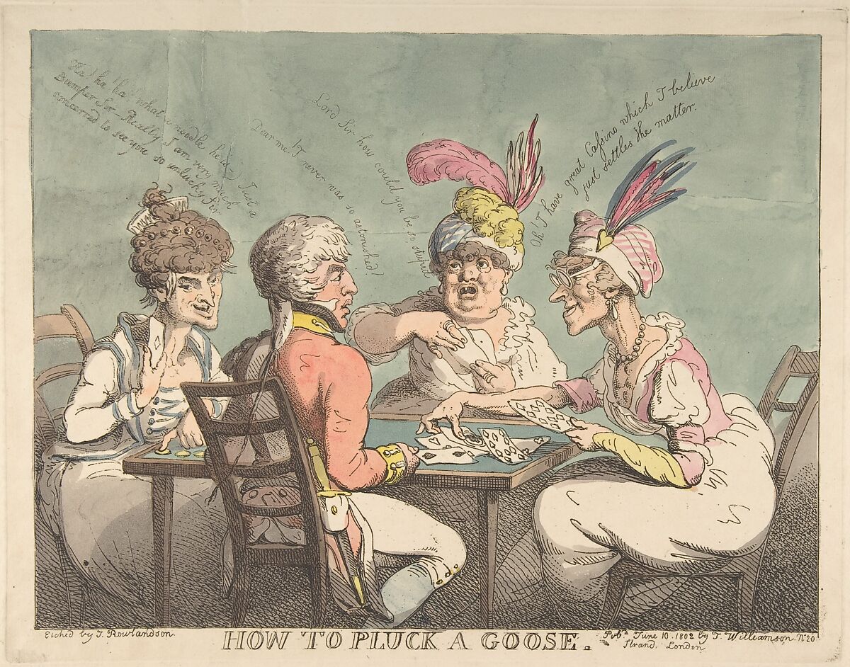 How to Pluck a Goose, Thomas Rowlandson (British, London 1757–1827 London), Hand-colored etching 