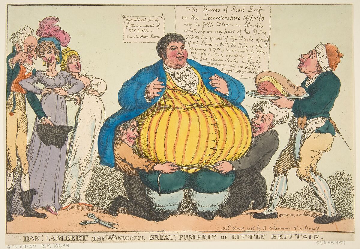 Dan-l. Lambert the Wonderful Great Pumpkin of Little Brittain [sic], Thomas Rowlandson (British, London 1757–1827 London), Hand-colored etching 