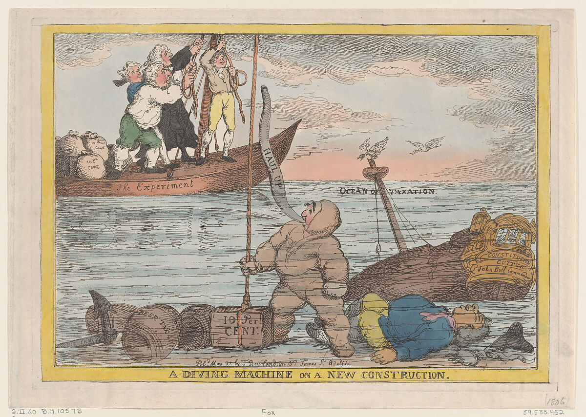 A Diving Machine on a New Construction, Thomas Rowlandson (British, London 1757–1827 London), Hand-colored etching 