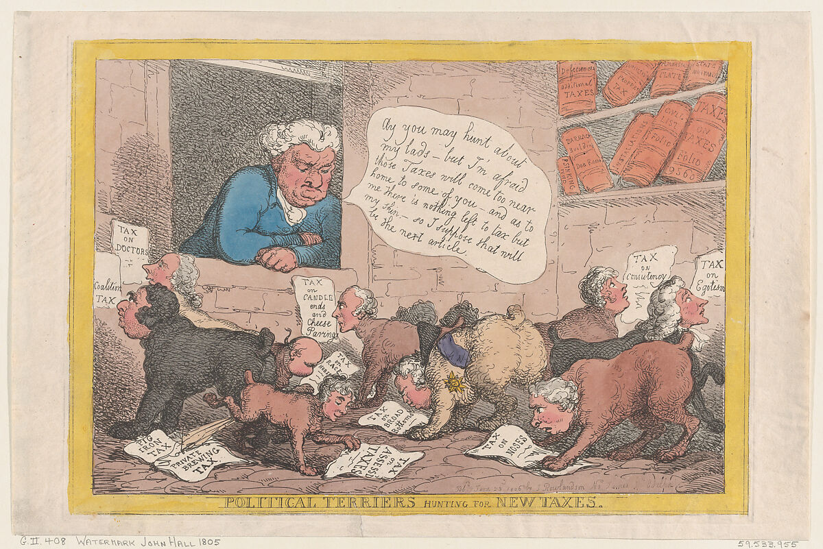 Political Terriers Hunting for New Taxes, Thomas Rowlandson (British, London 1757–1827 London), Hand-colored etching 