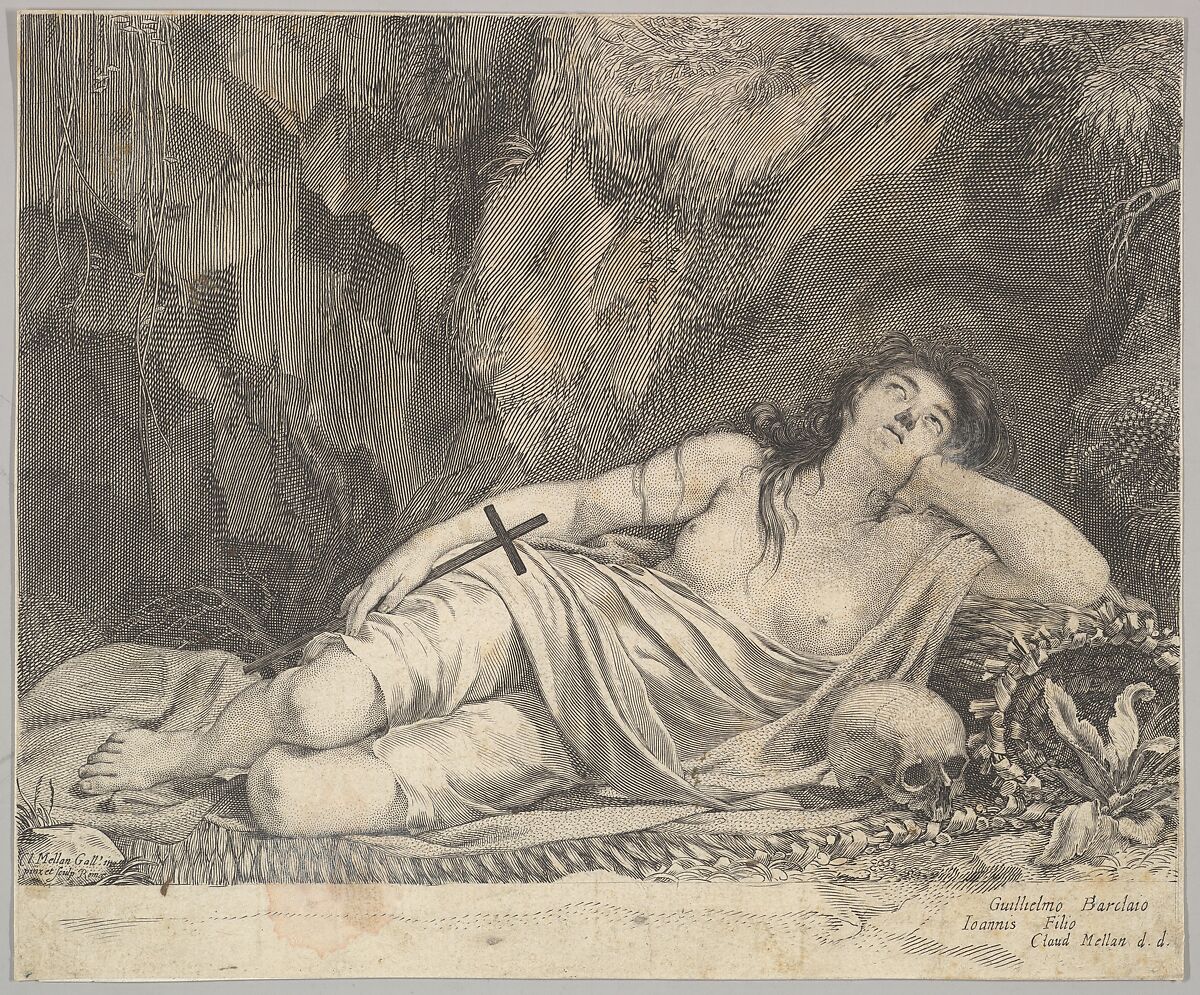 St. Mary Magdalen Reclining in a Grotto, Claude Mellan (French, Abbeville 1598–1688 Paris), Engraving; second state of two 