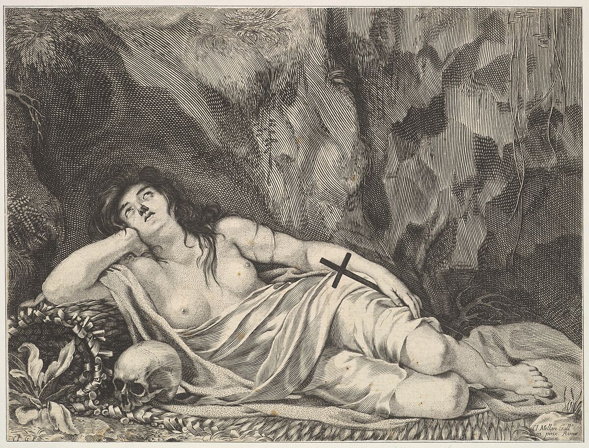 St. Mary Magdalen Reclining in a Grotto, Claude Goyrand (French, Sens 1620–1662 Paris), Engraving; reverse copy 