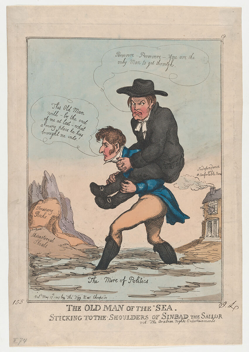 The Old Man of the Sea, Sticking to the Shoulders of Sinbad the Sailor, Thomas Rowlandson (British, London 1757–1827 London), Hand-colored etching 