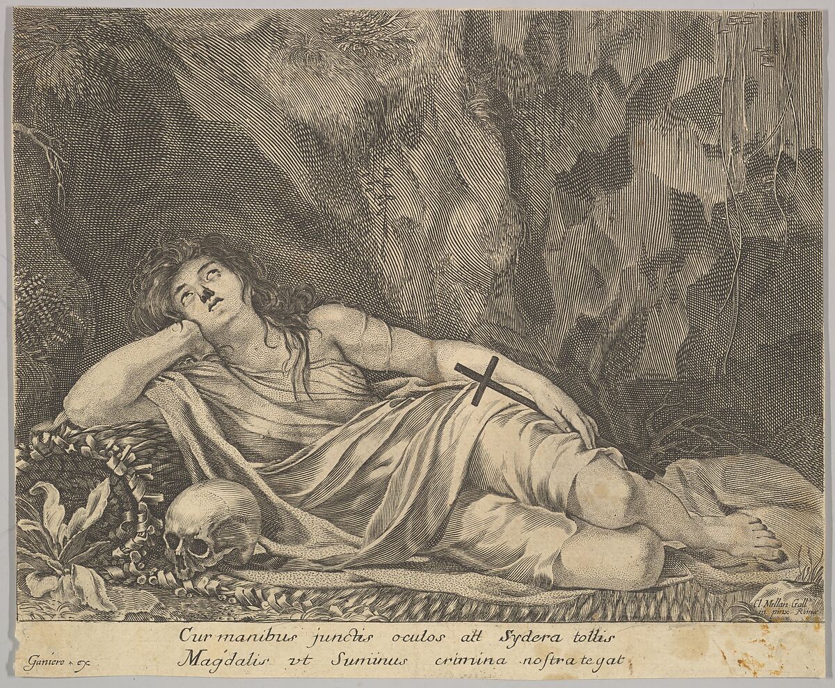 St. Mary Magdalen Reclining in a Grotto, Jean Ganier (French, Paris died 1666), Engraving; reverse copy 