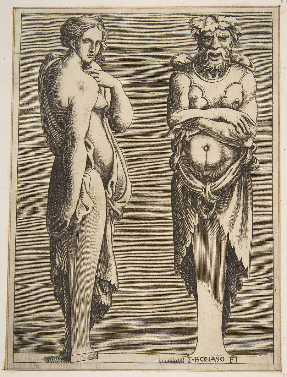 Two Terms, a Nymph at left Silvanus at right, Giulio Bonasone (Italian, active Rome and Bologna, 1531–after 1576), Engraving 