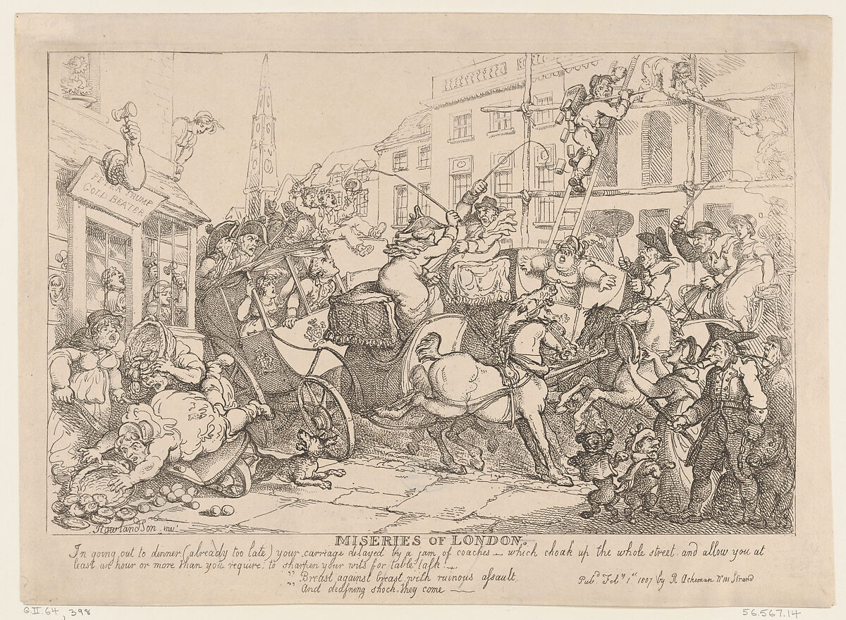 Miseries of London: Going Out to Dinner, Thomas Rowlandson (British, London 1757–1827 London), Etching 