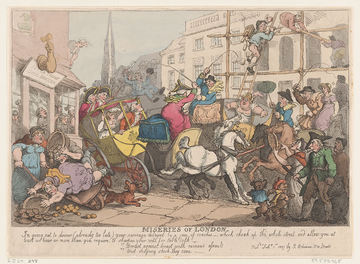 Miseries of London: Going out to Dinner, Thomas Rowlandson (British, London 1757–1827 London), Hand-colored etching 