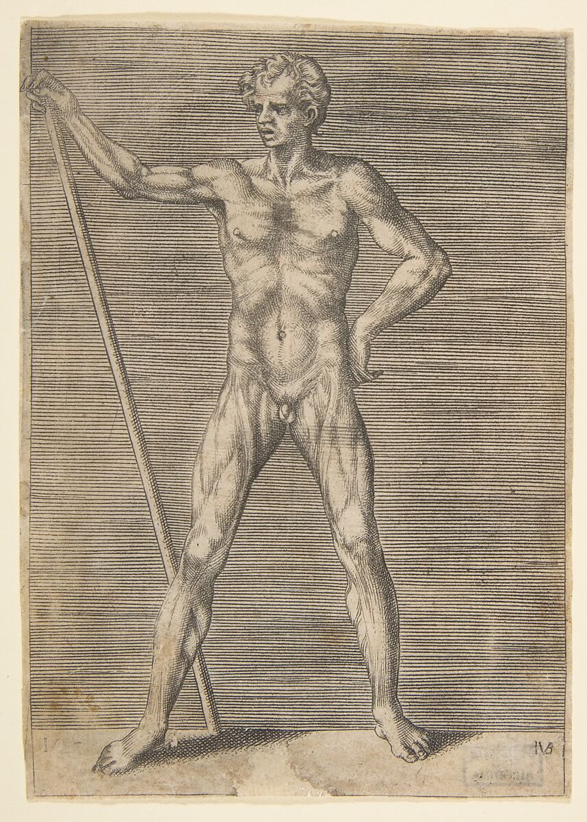 Flayed man seen from in front, holding a stick, Giulio Bonasone (Italian, active Rome and Bologna, 1531–after 1576), Engraving 