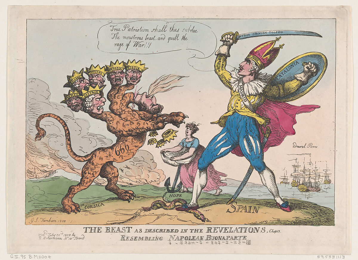 The Beast As Described In The Revelations, Chap. 13, Resembling Napoleon Buonaparte, Thomas Rowlandson (British, London 1757–1827 London), Hand-colored etching 