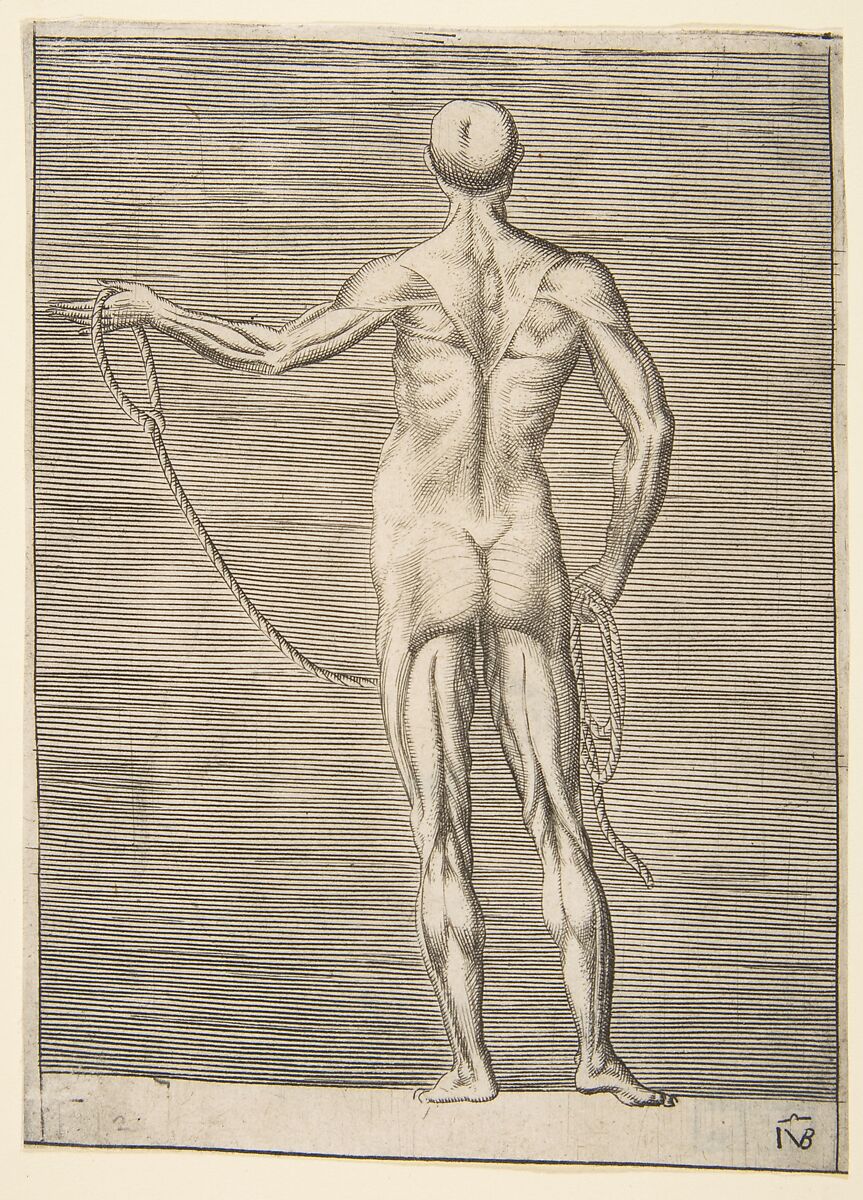 Flayed man seen from behind, holding a rope, Giulio Bonasone (Italian, active Rome and Bologna, 1531–after 1576), Engraving 