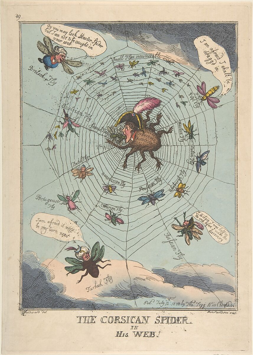 The Corsican Spider in His Web!, Thomas Rowlandson (British, London 1757–1827 London), Hand-colored etching 