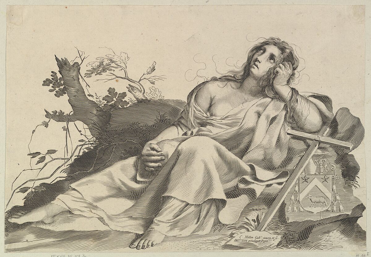 Mary Magdalen Meditating, Claude Mellan (French, Abbeville 1598–1688 Paris), Engraving; first state of iii (BN) 