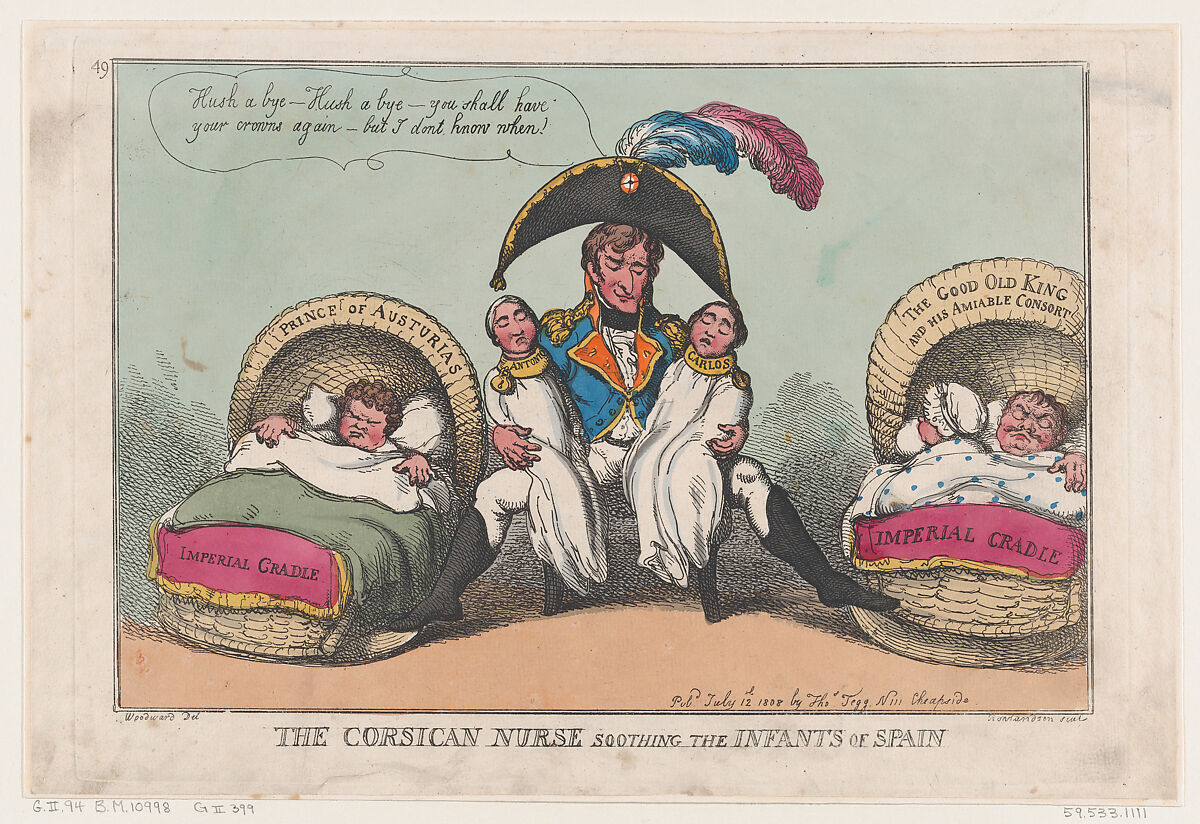 The Corsican Nurse Soothing the Infants of Spain, Thomas Rowlandson (British, London 1757–1827 London), Hand-colored etching 