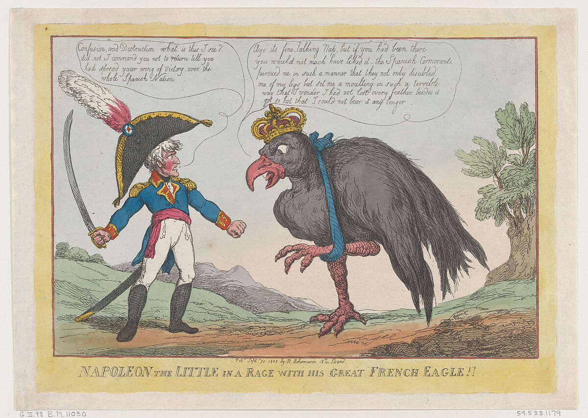 Napoleon The Little in a Rage with His Great French Eagle!!, Thomas Rowlandson (British, London 1757–1827 London), Hand-colored etching 