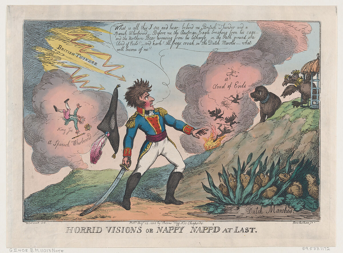 Horrid Visions of Nappy Napp'd at Last, Thomas Rowlandson (British, London 1757–1827 London), Hand-colored etching 