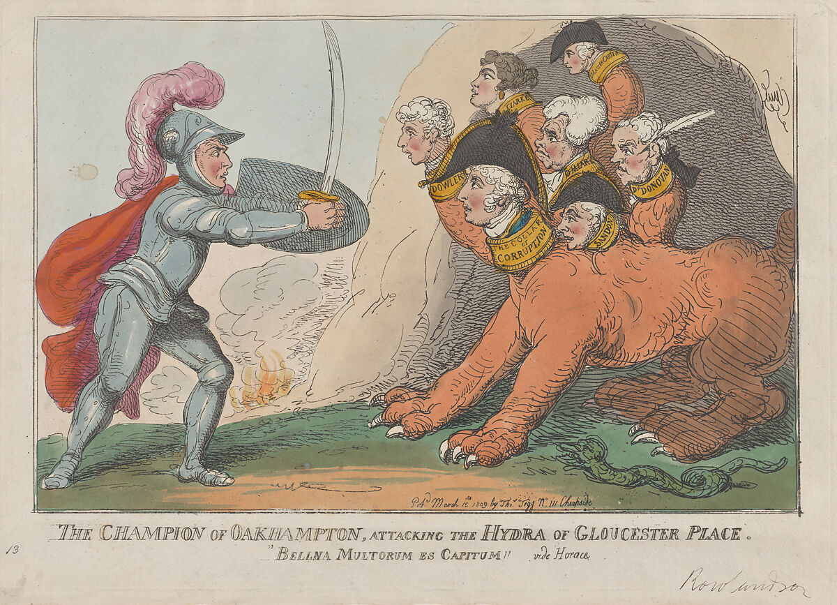 The Champion of Oakhampton, Attacking the Hydra of Gloucester Place, Thomas Rowlandson (British, London 1757–1827 London), Hand-colored etching 
