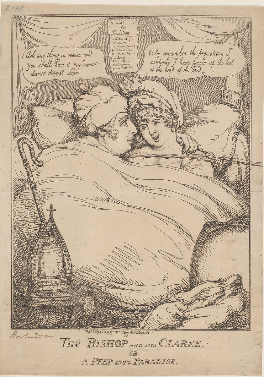 The Bishop and His Clarke, or, A Peep into Paradise, Thomas Rowlandson (British, London 1757–1827 London), Etching 