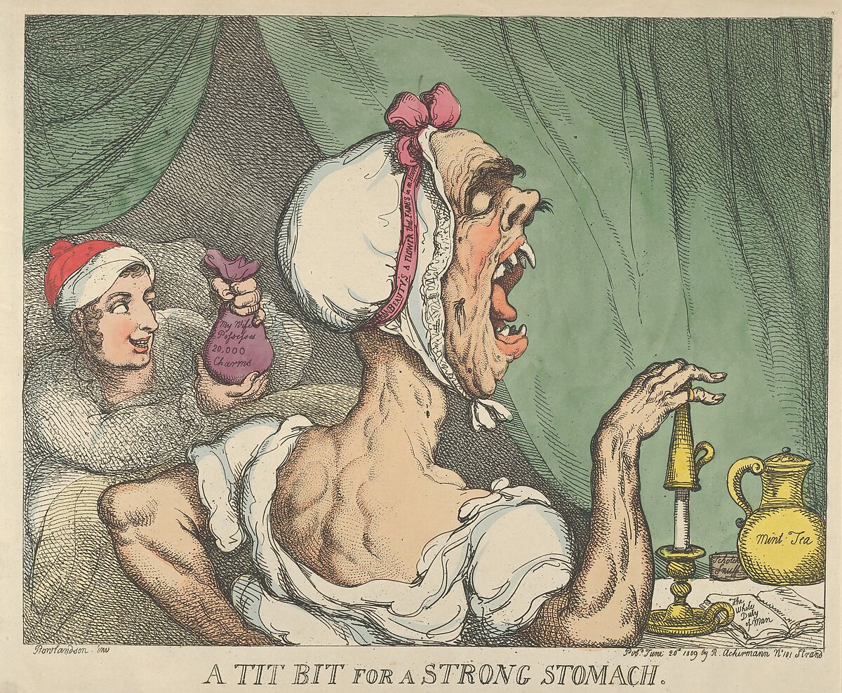 A Tit Bit for a Strong Stomach, Thomas Rowlandson (British, London 1757–1827 London), Hand-colored etching 