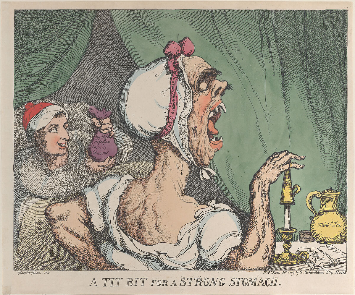 A Tit Bit for a Strong Stomach, Thomas Rowlandson (British, London 1757–1827 London), Hand-colored etching