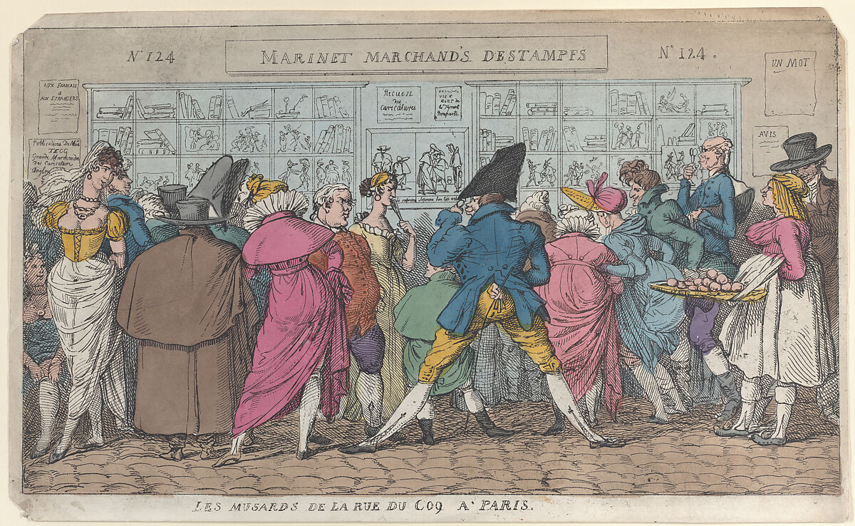 Les Musards de la Rue du Coq à Paris (Dawdlers of the Rue Coq, Paris), Attributed to Thomas Rowlandson (British, London 1757–1827 London), Hand-colored etching