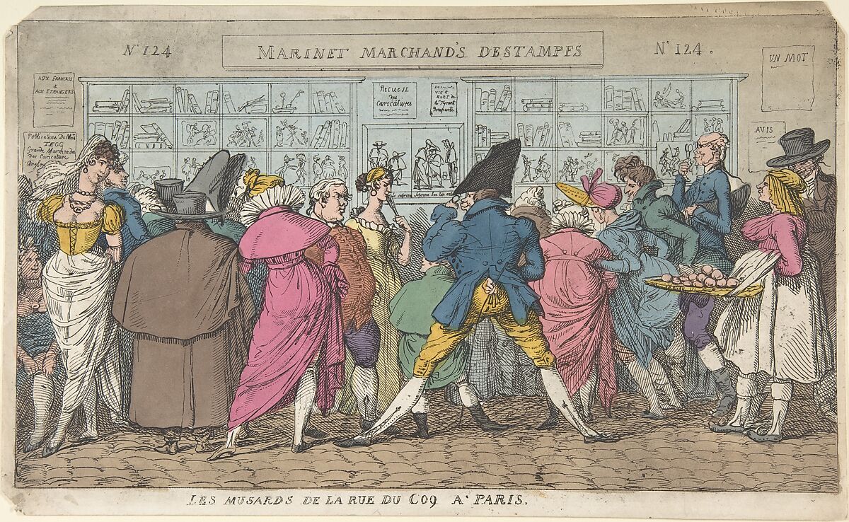 Les Musards de la Rue du Coq à Paris (Dawdlers of the Rue Coq, Paris), Attributed to Thomas Rowlandson (British, London 1757–1827 London), Hand-colored etching 