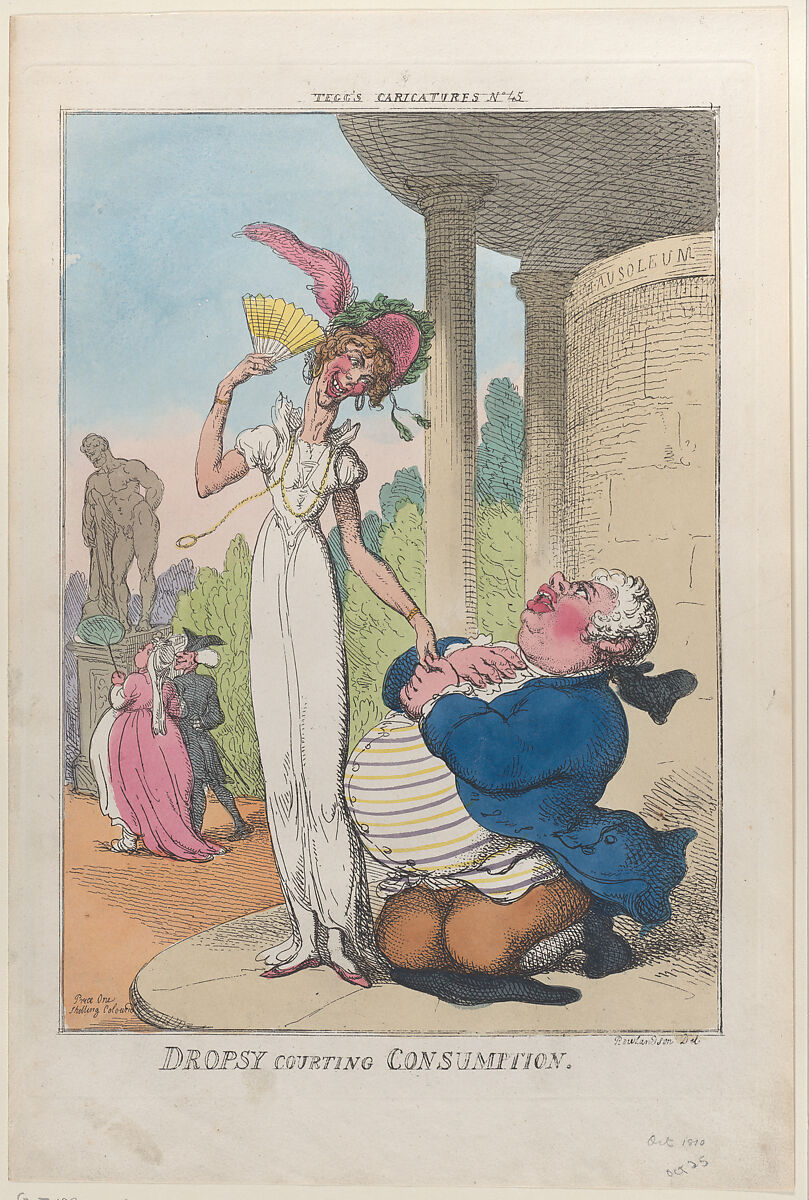 Dropsy Courting Consumption, Thomas Rowlandson (British, London 1757–1827 London), Hand-colored etching