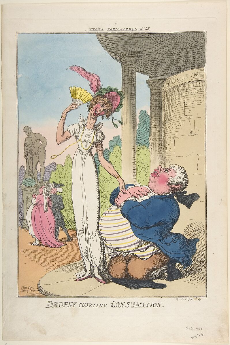 Dropsy Courting Consumption, Thomas Rowlandson (British, London 1757–1827 London), Hand-colored etching 