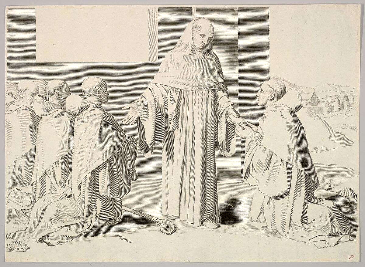 St. Bernard Presenting the Rule, Claude Mellan (French, Abbeville 1598–1688 Paris), Engraving 