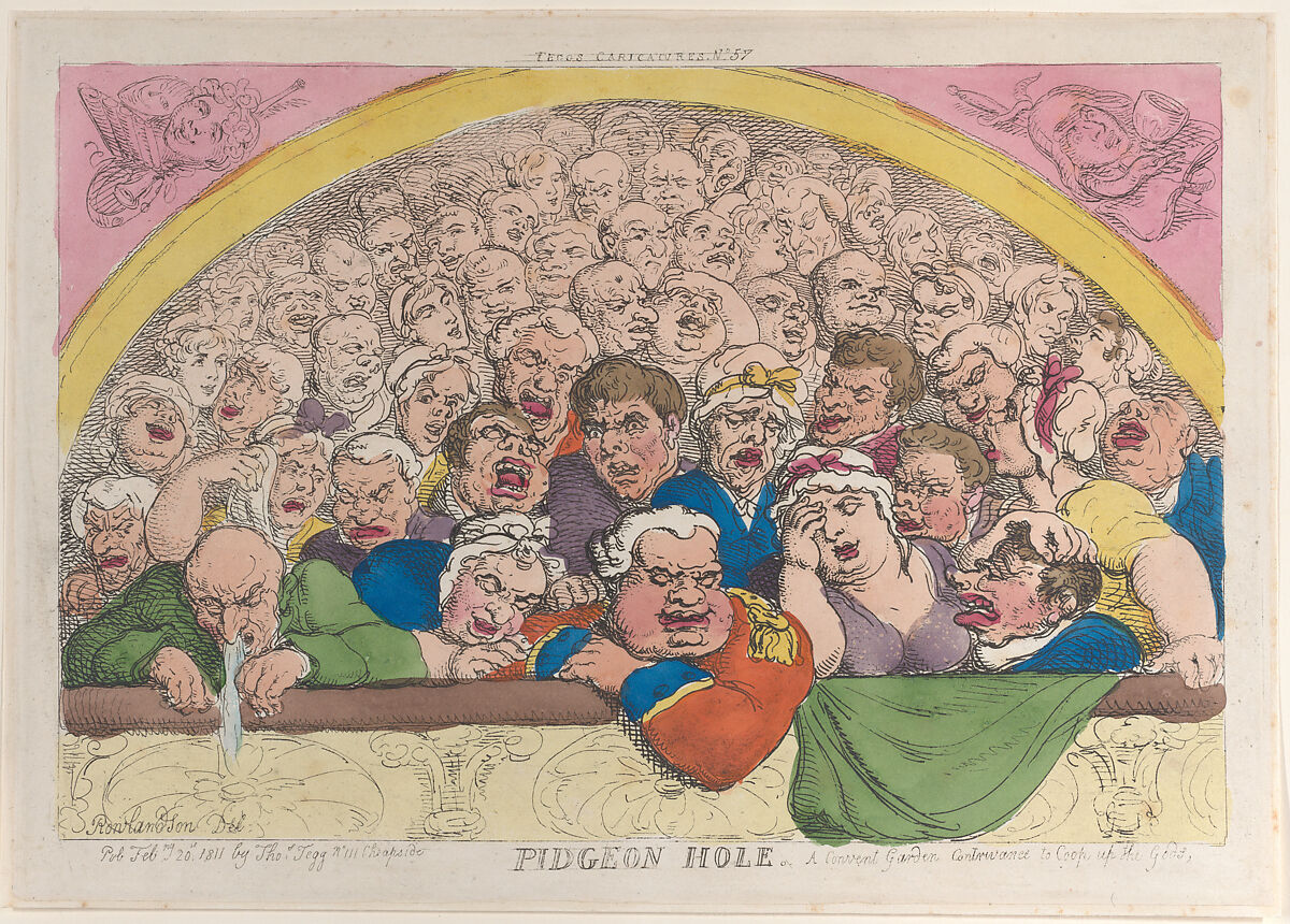 Pidgeon Hole. A Convent Garden Contrivance to Coop up the Gods, Thomas Rowlandson (British, London 1757–1827 London), Hand-colored etching; reprint