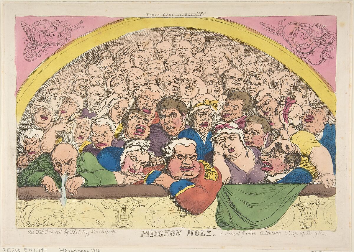 Pidgeon Hole. A Convent Garden Contrivance to Coop up the Gods, Thomas Rowlandson (British, London 1757–1827 London), Hand-colored etching; reprint 